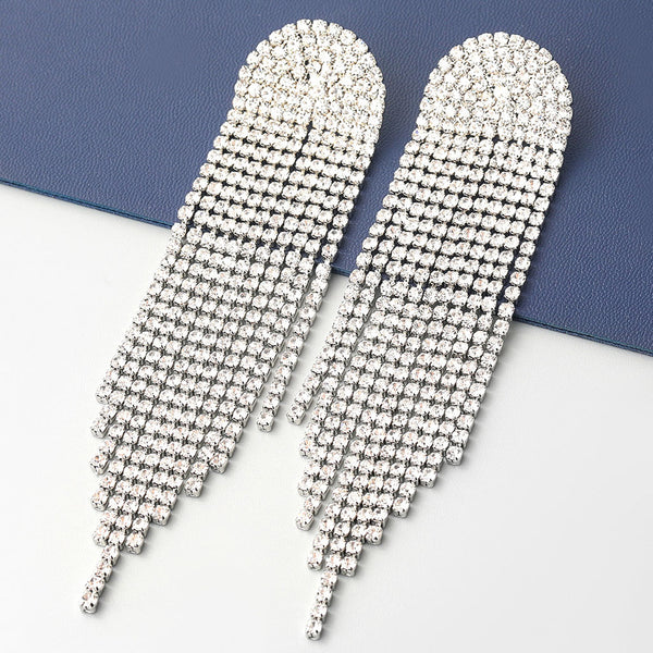 Dangling Rhinestone Embellished Long Tassel Drop Earrings - Silver