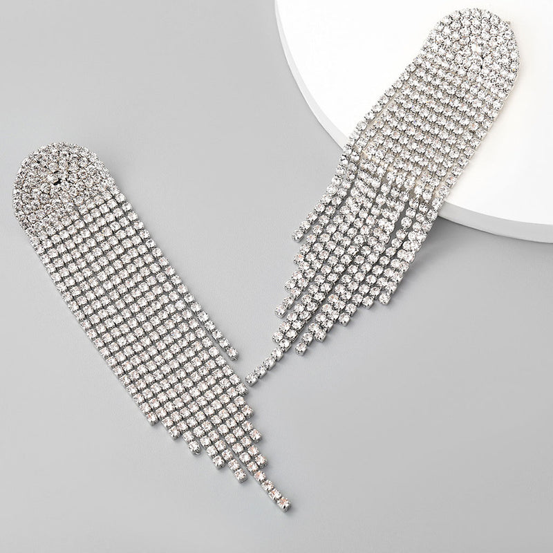 Dangling Rhinestone Embellished Long Tassel Drop Earrings - Silver