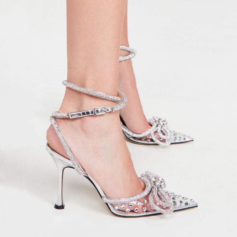Dazzle Crystal Embellished Bow Clear Pointed Toe Stiletto Pumps - Silver