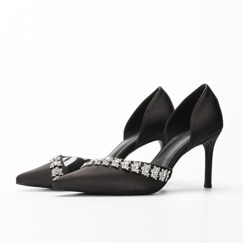 Dazzle Rhinestone Embellished Pointed Toe PVC Pumps - Black