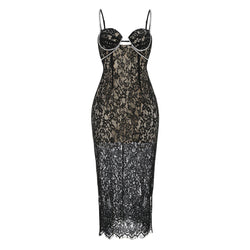 Dazzling Crystal Suspender Strap Cutout Sweetheart Lace Midi Slip Dress