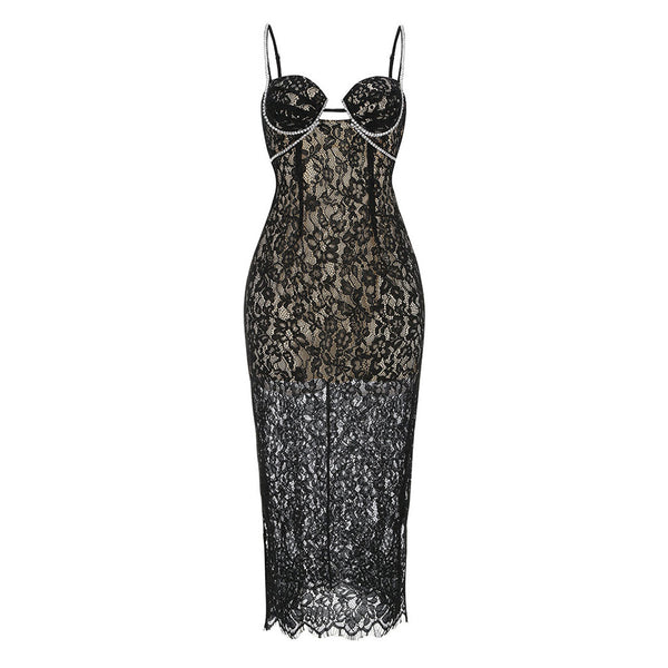 Dazzling Crystal Suspender Strap Cutout Sweetheart Lace Midi Slip Dress