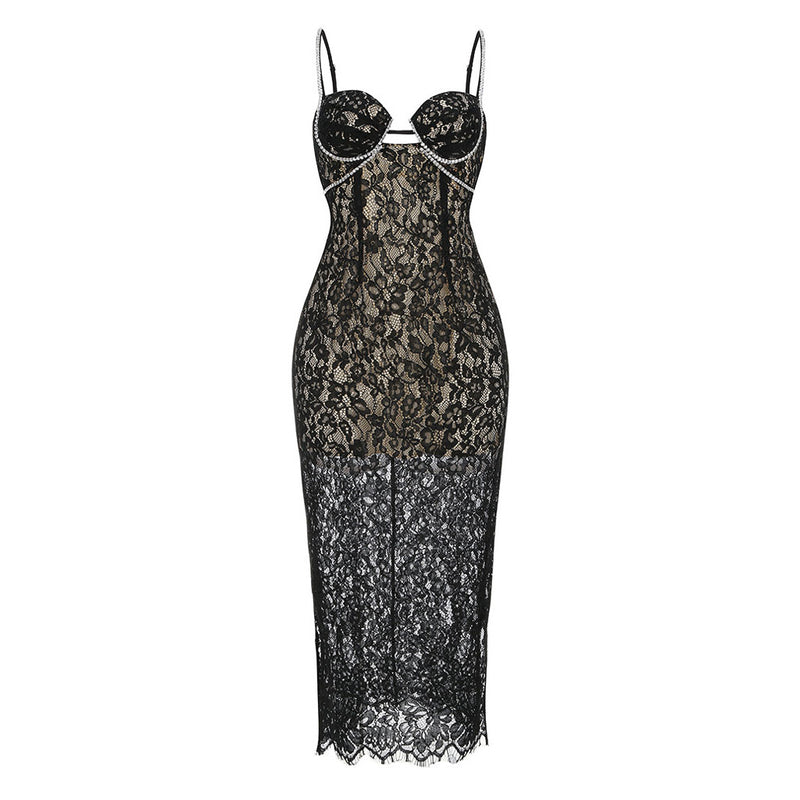 Dazzling Crystal Suspender Strap Cutout Sweetheart Lace Midi Slip Dress