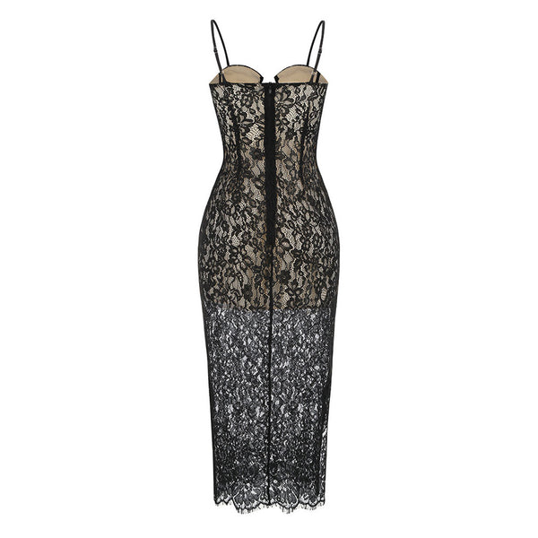Dazzling Crystal Suspender Strap Cutout Sweetheart Lace Midi Slip Dress