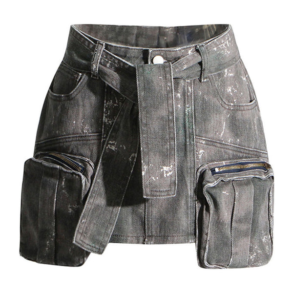 Deconstructed Cargo Pocket Distressed Print Belted High Waist Denim Mini Skirt