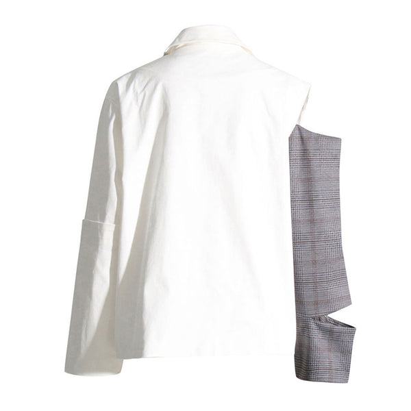 Deconstructed Check Patchwork Cutout Long Sleeve Single Breasted Jacket