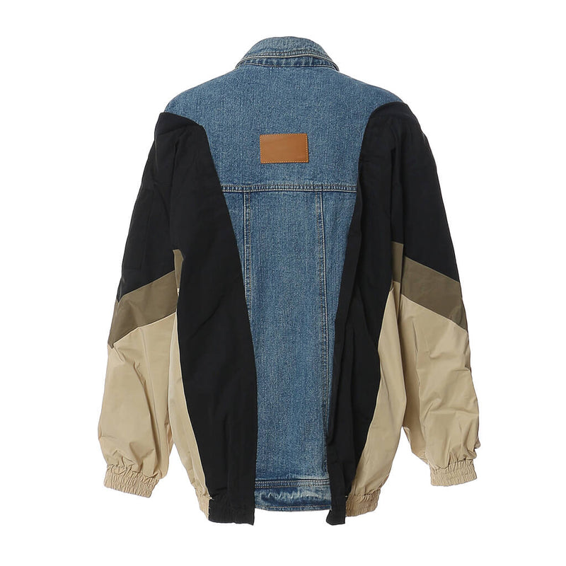 Deconstructed Contrast Denim Collared Button Down Hybrid Bomber Jacket