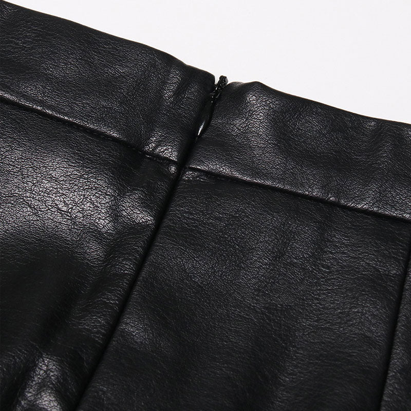 Deconstructed High Rise Vegan Leather Layered Midi Pleated Skirt - Black