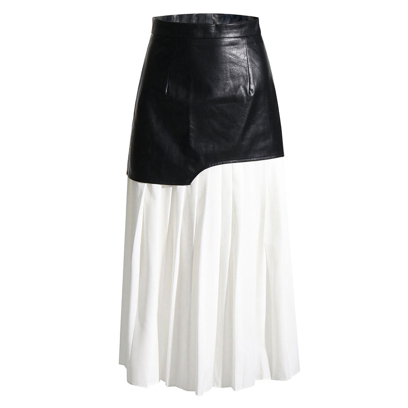 Deconstructed High Rise Vegan Leather Layered Midi Pleated Skirt - White