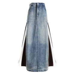 Deconstructed Hybrid Contrast Patchwork Mid Waist A Line Maxi Denim Skirt