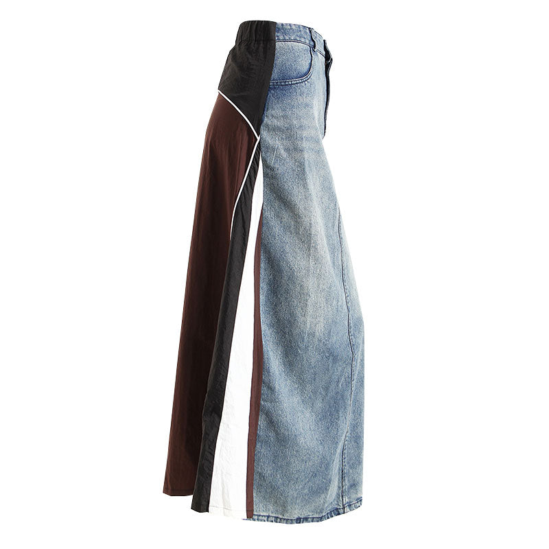 Deconstructed Hybrid Contrast Patchwork Mid Waist A Line Maxi Denim Skirt