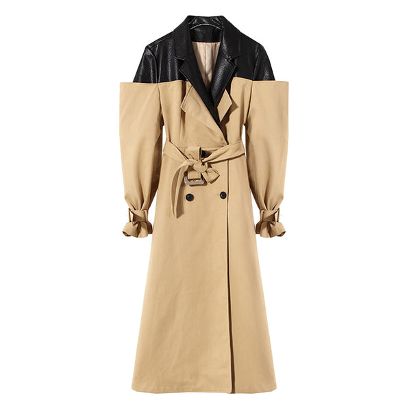 Deconstructed Hybrid Faux Leather Panel Lapel Collar Double Breasted Trench Coat