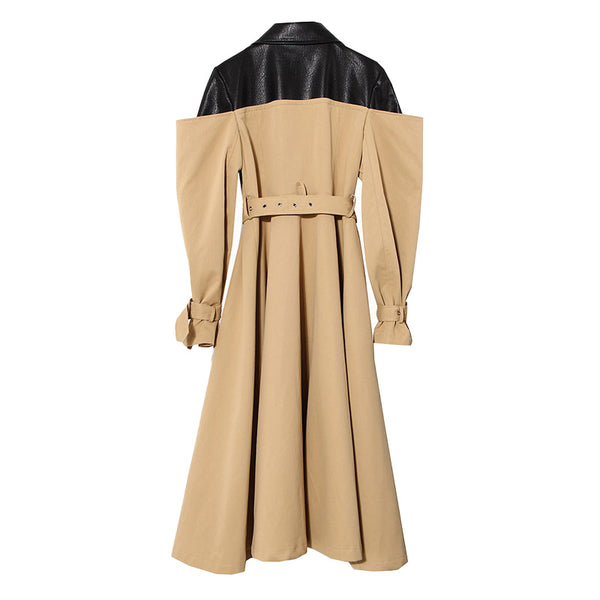 Deconstructed Hybrid Faux Leather Panel Lapel Collar Double Breasted Trench Coat