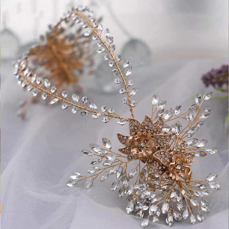 Delicate Floral Rhinestone Embellished Layered Headband Vine - Gold