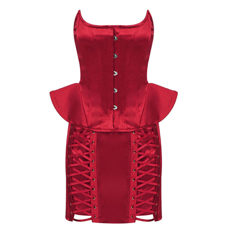 Distinctive Satin Party Peplum Tube Corset Top Bodycon Skirt Matching Set