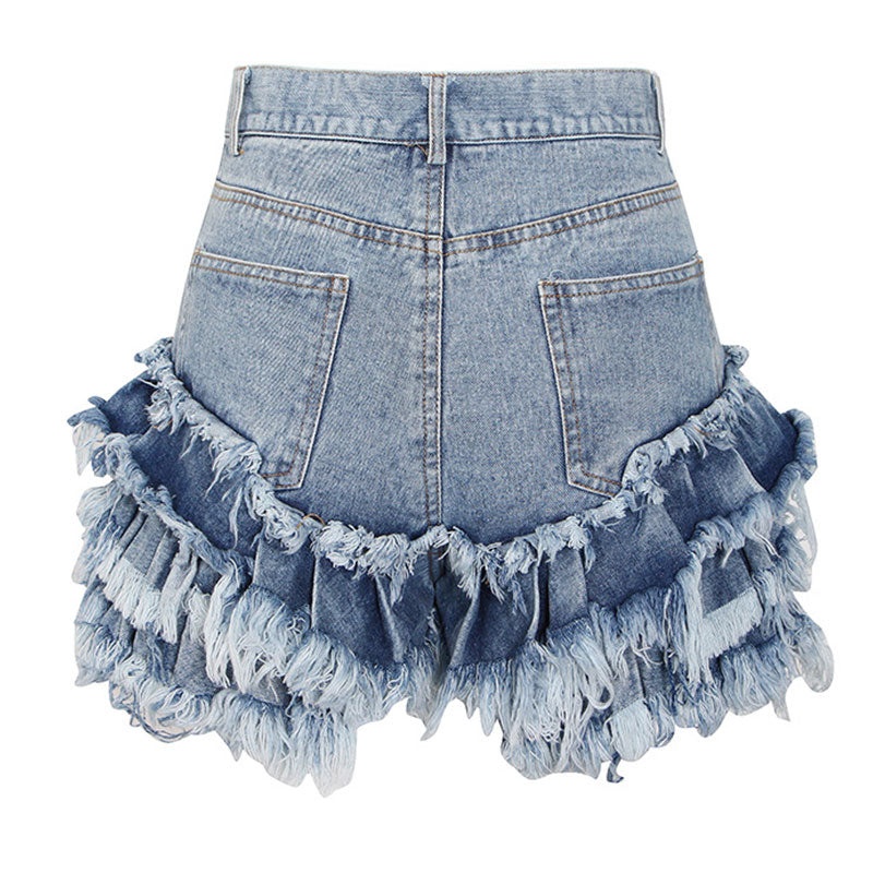 Distressed Frayed Detail Tiered Ruffle Trim High Waist Denim Shorts, Blue / S