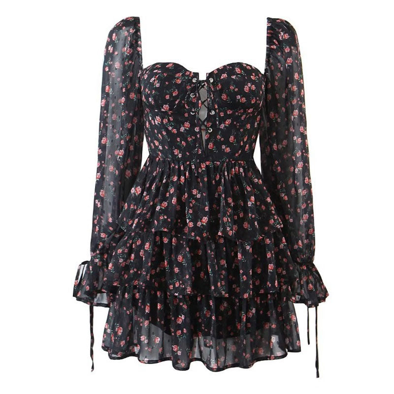 Ditsy Floral Sweetheart Lace Up Bishop Sleeve Tiered Mini Dress - Black