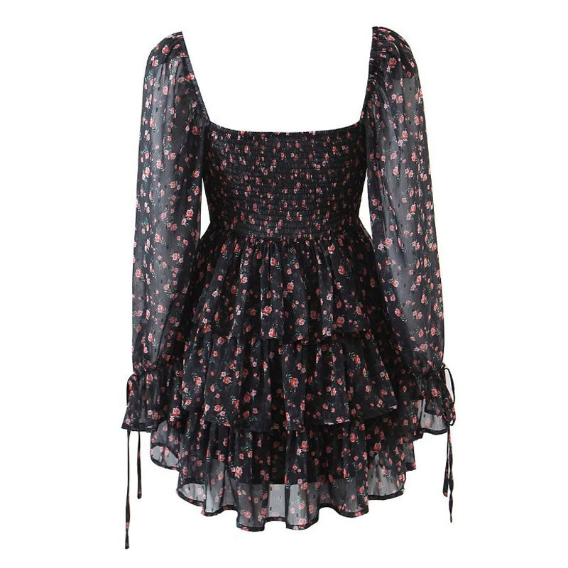 Ditsy Floral Sweetheart Lace Up Bishop Sleeve Tiered Mini Dress - Black
