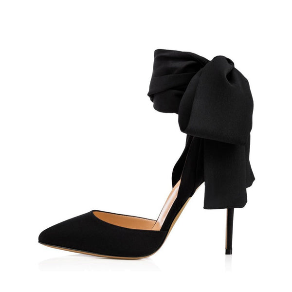 Dramatic Ankle Bow Tie Pointed Toe Stiletto Satin Pumps - Black