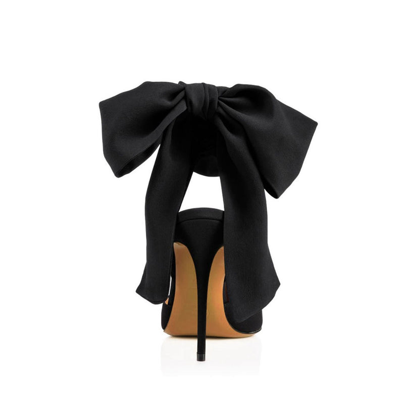 Dramatic Ankle Bow Tie Pointed Toe Stiletto Satin Pumps - Black