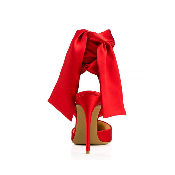 Dramatic Ankle Bow Tie Pointed Toe Stiletto Satin Pumps - Red