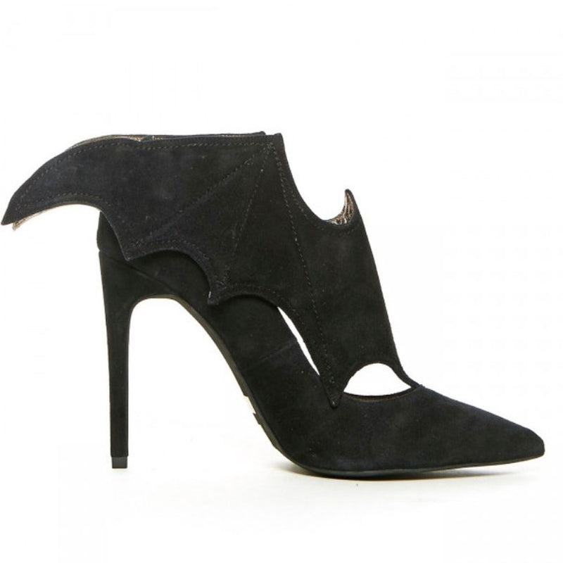 Dramatic Bat Embellished Pointed Toe Suede Stiletto Pumps - Black