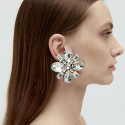 Dramatic Floral Motif Gemstone Embellished Earrings - Silver