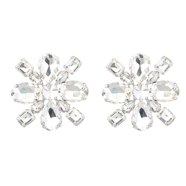 Dramatic Floral Motif Gemstone Embellished Earrings - Silver