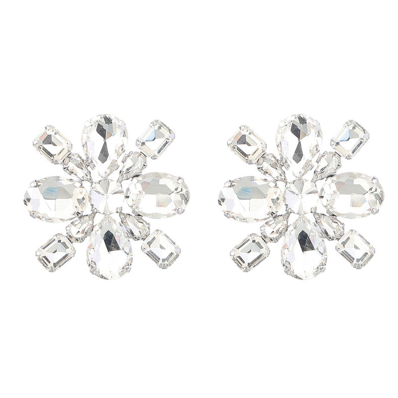 Dramatic Floral Motif Gemstone Embellished Earrings - Silver