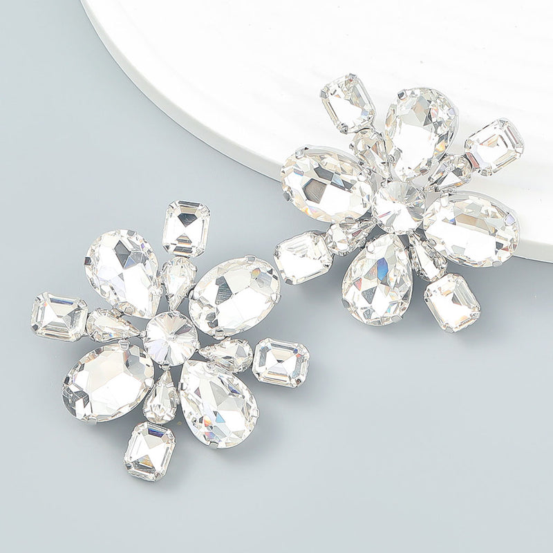 Dramatic Floral Motif Gemstone Embellished Earrings - Silver