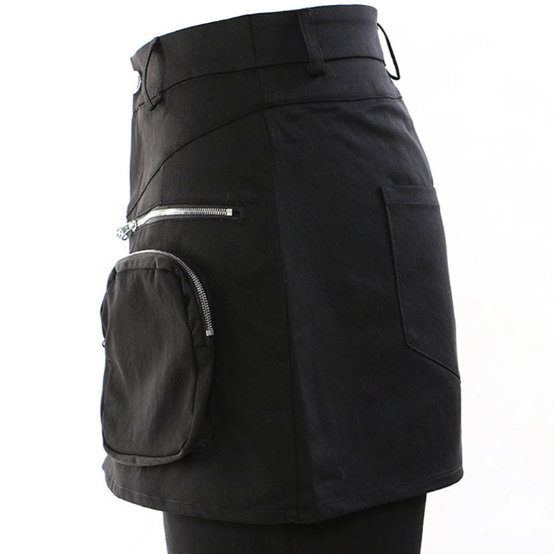 Dramatic High Waist Metallic Zipper Cargo Pocket Layered Flared Pants