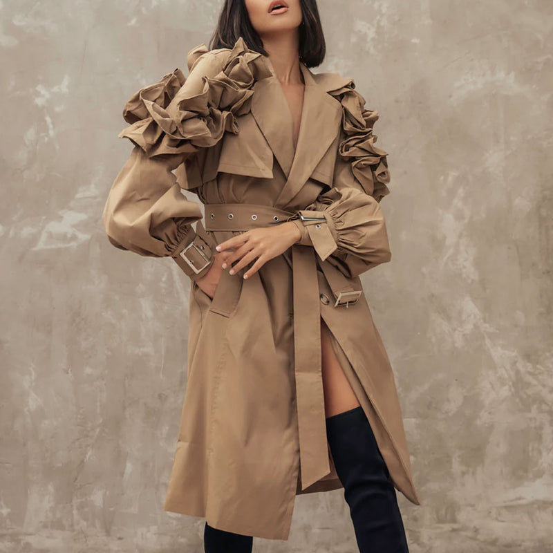 Dramatic Ruffle Shoulder Trench Coat