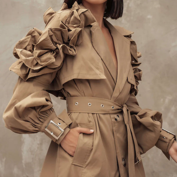 Dramatic Ruffle Shoulder Puff Sleeve Button Down Belted Trench Coat - Khaki
