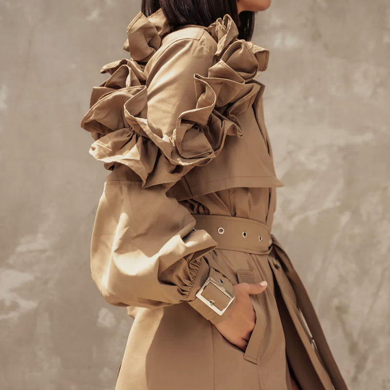 Dramatic Ruffle Shoulder Puff Sleeve Button Down Belted Trench Coat - Khaki