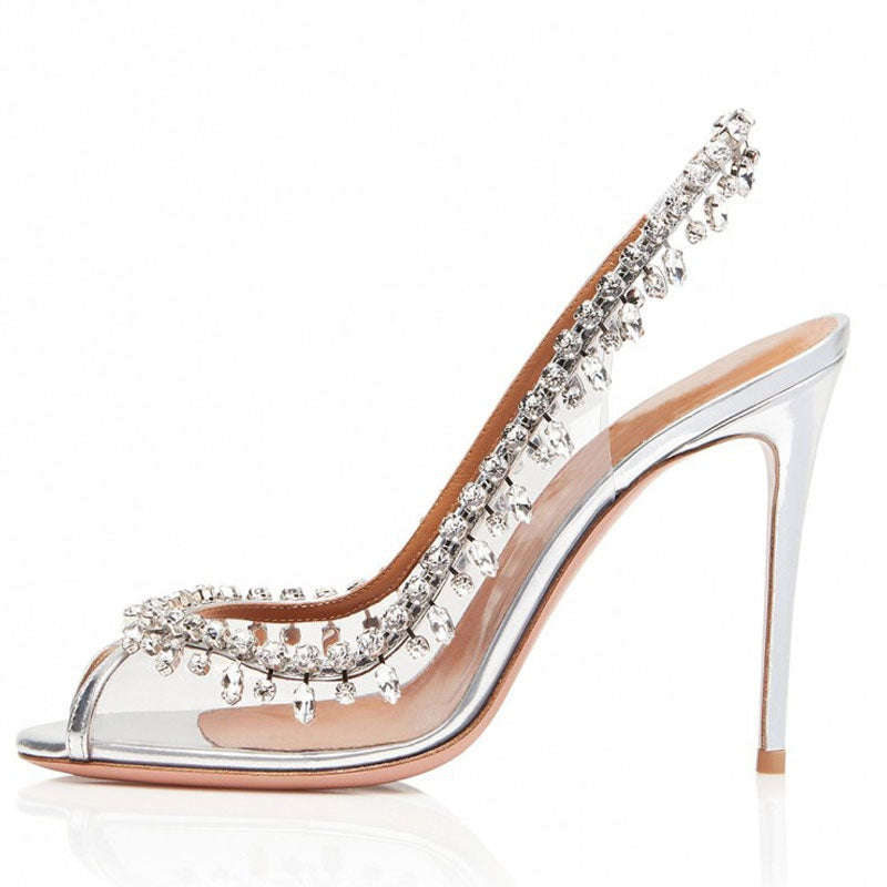 Draping Crystal Detail Peep Toe Clear Stiletto Slingback Heels - Silver
