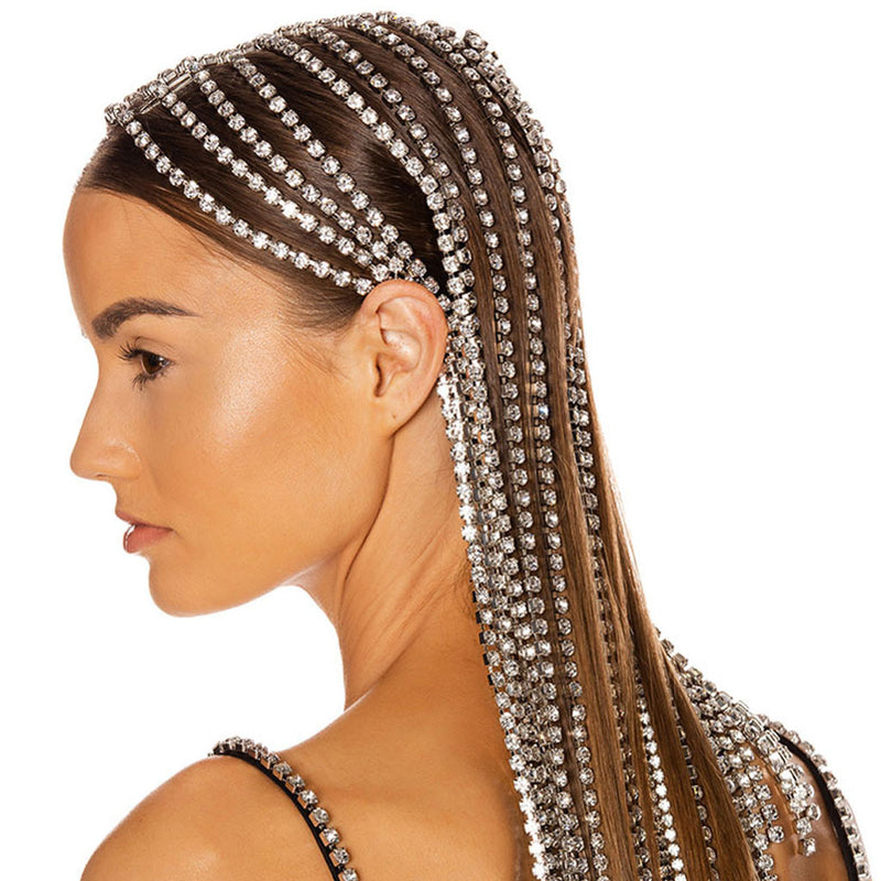 Draping Rhinestone Embellished Loose Fringe Headband - Silver