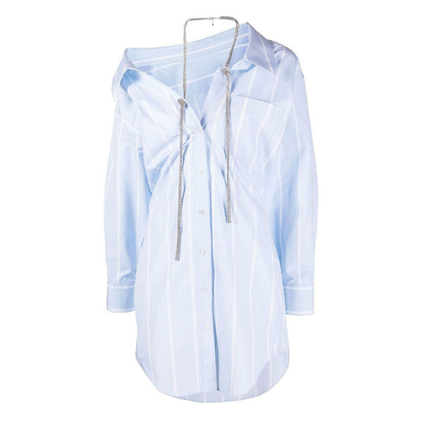 Edgy Crystal Strap Detail Off The Shoulder Collared Button Up Long Striped Shirt