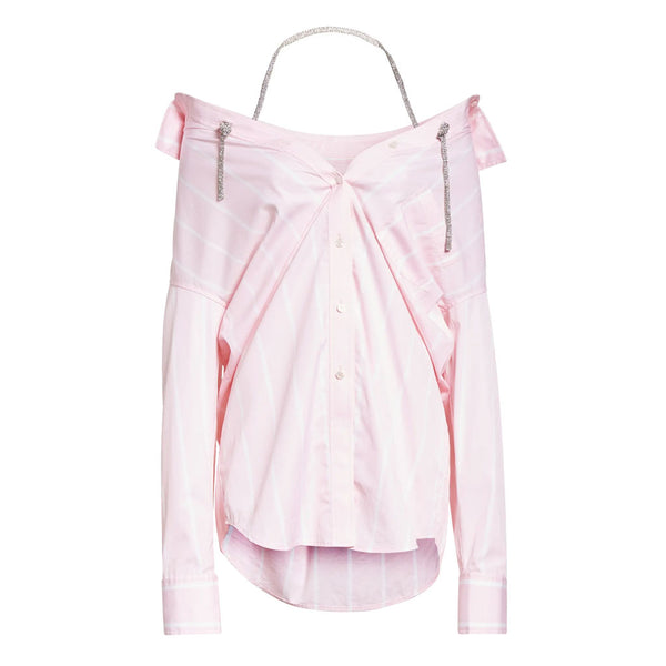 Edgy Crystal Strap Detail Off The Shoulder Collared Button Up Long Striped Shirt