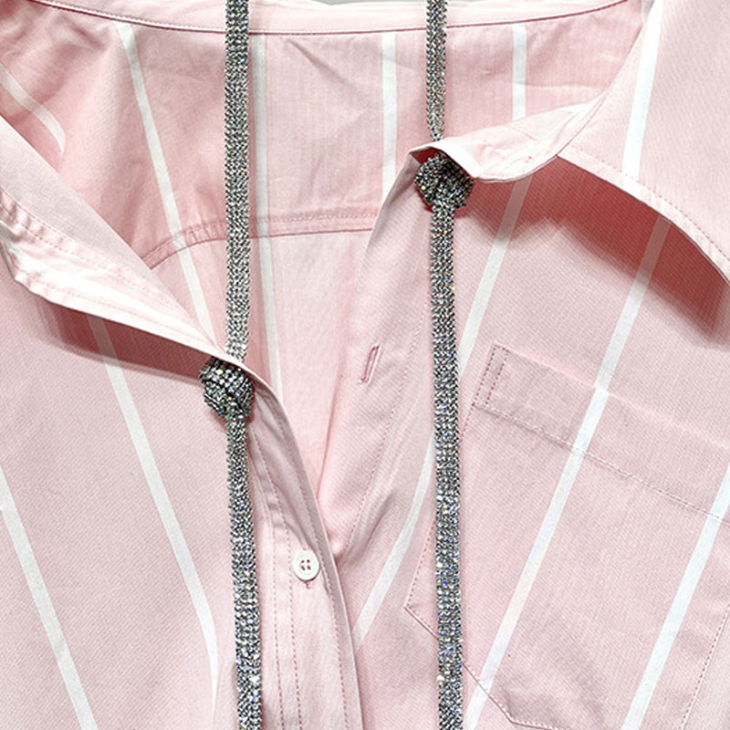 Edgy Crystal Strap Detail Off The Shoulder Collared Button Up Long Striped Shirt