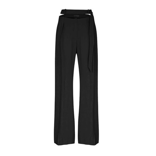 Edgy Pleated High Waist Cutout Straight Leg Belted Pants