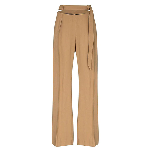 Edgy Pleated High Waist Cutout Straight Leg Belted Pants