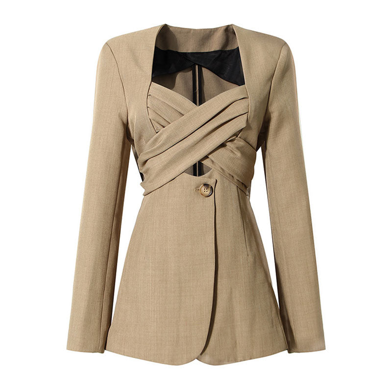 Edgy Single Breasted Cutout Crossover Tie Back Tailored Wrap Blazer