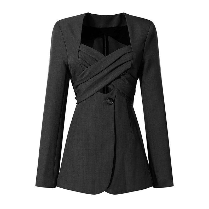 Edgy Single Breasted Cutout Crossover Tie Back Tailored Wrap Blazer