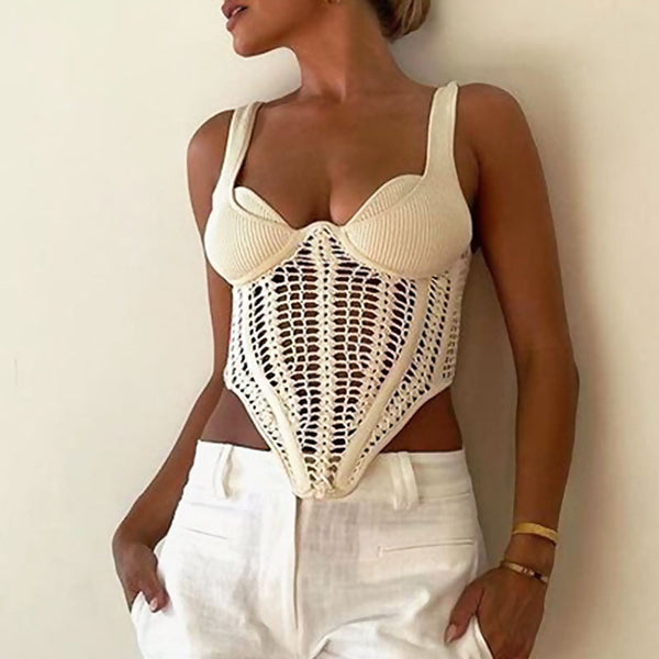 Edgy Sweetheart Neck Suspender Strap Crochet Knit Corset Crop Top - Off White