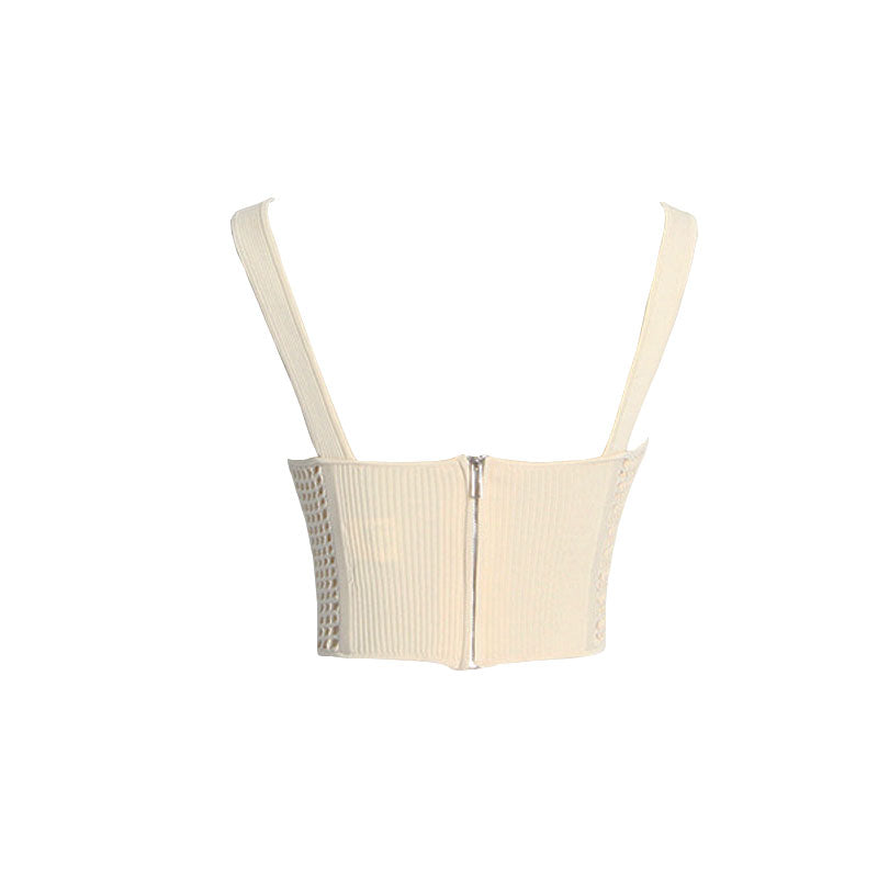 Edgy Sweetheart Neck Suspender Strap Crochet Knit Corset Crop Top - Off White