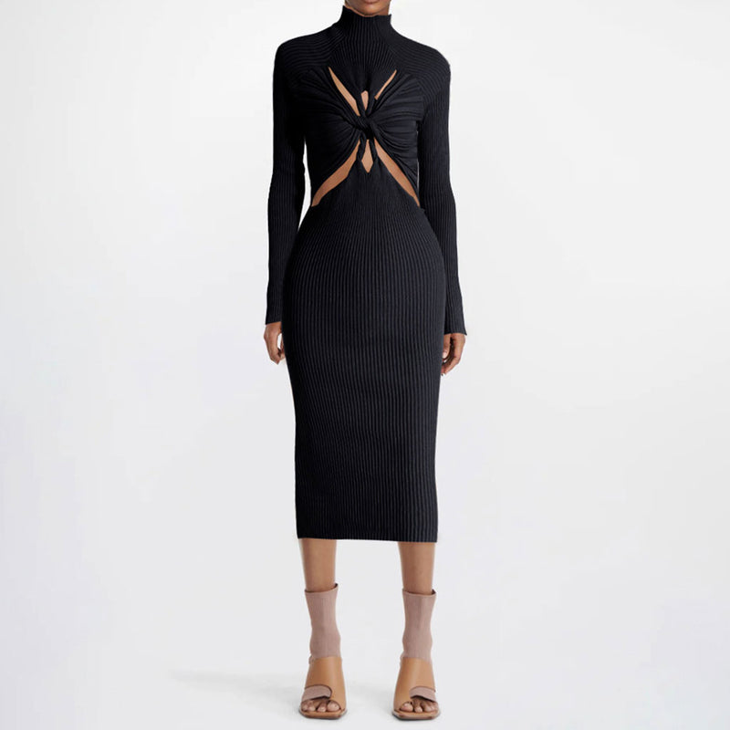 Edgy Twist Front Cutout High Neck Long Sleeve Rib Knit Midi Dress - Black