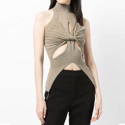 Edgy Twisted Cutout Front High Neck Racer Back Ribbed Knit Tank Top - Khaki