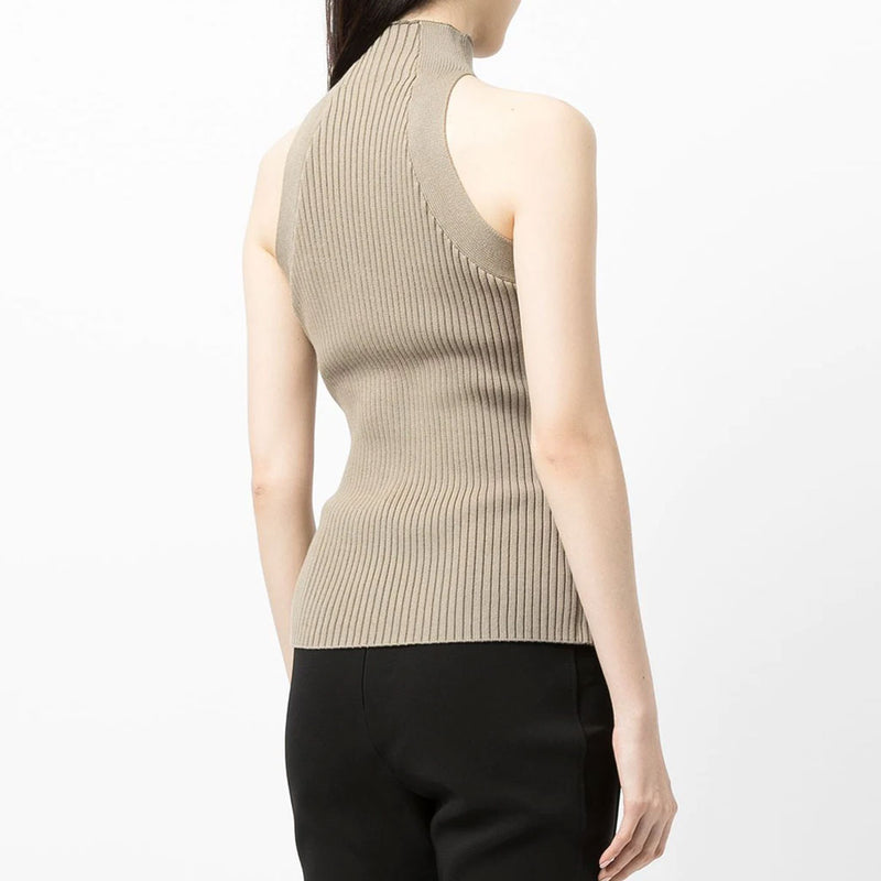 Edgy Twisted Cutout Front High Neck Racer Back Ribbed Knit Tank Top - Khaki