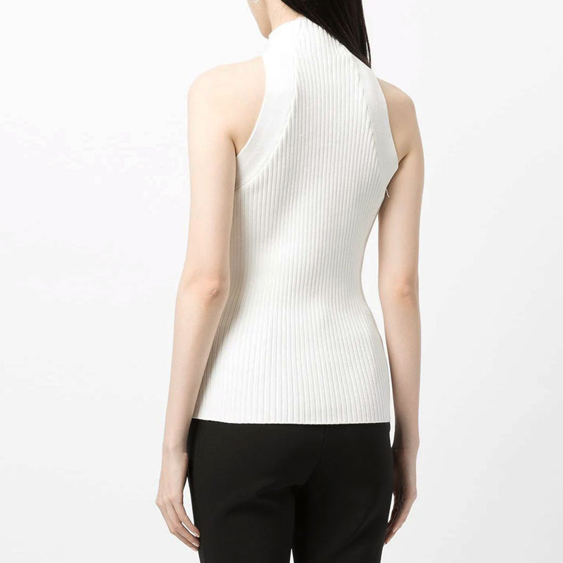 Edgy Twisted Cutout Front High Neck Racer Back Ribbed Knit Tank Top - White