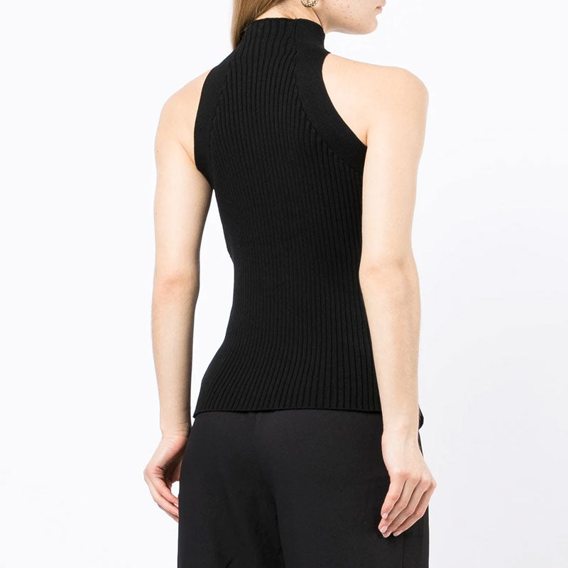 Edgy Twisted Cutout Front High Neck Racer Back Ribbed Knit Tank Top - Black